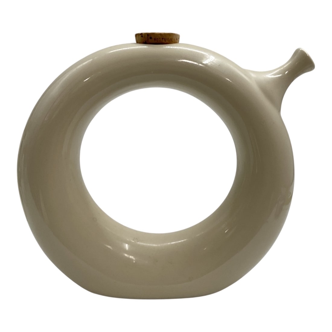 Hartstone USA Ring Jug / Donut Wine Decanter: Vintage Hartstone USA stoneware ring jug or wine decanter featuring a distinctive circular “donut” form with an open center, small pouring spout, and cork stopper. The sculptural vessel is