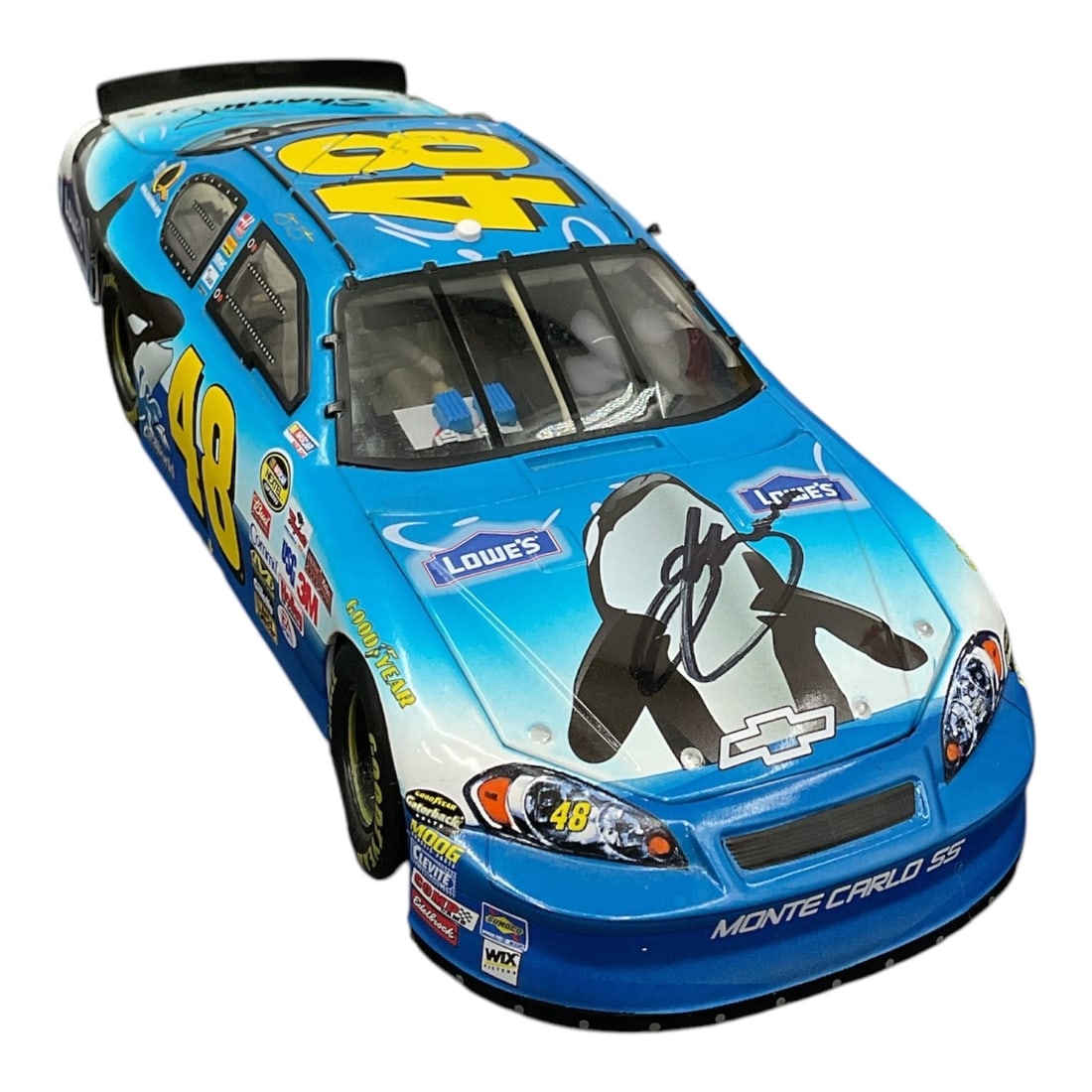 RARE Signed Jimmie Johnson No. 48 Lowe’s Superman / Special Paint Scheme Returns NASCAR 1:24: Signed NASCAR collectible die-cast race car featuring Jimmie Johnson’s No. 48 Chevrolet Monte Carlo SS in a special Superman Returns paint scheme. The car features a vivid blue livery with