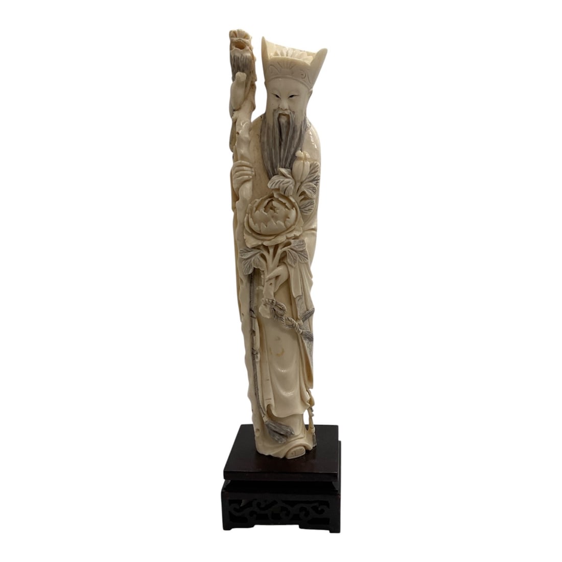 Asian-Style Carved Bearded Elder with Staff Sculpture (1 of 2)