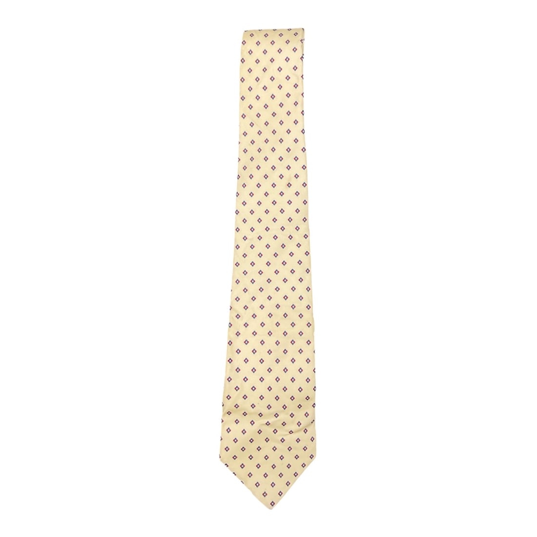 Christian Dior Designer Necktie: This Christian Dior designer necktie features a pale yellow-colored ground decorated with a repeating geometric motif in contrasting tones. Showcasing the timeless styling as