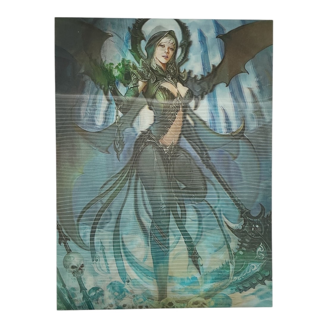 Dark Fantasy Winged Sorceress 3D Lenticular Hologram Print: Specifications Type: 3D lenticular / holographic motion print Subject: Gothic winged sorceress with scythe and dark magic elements in a graveyard setting Medium: Lenticular plastic sheet / 3D