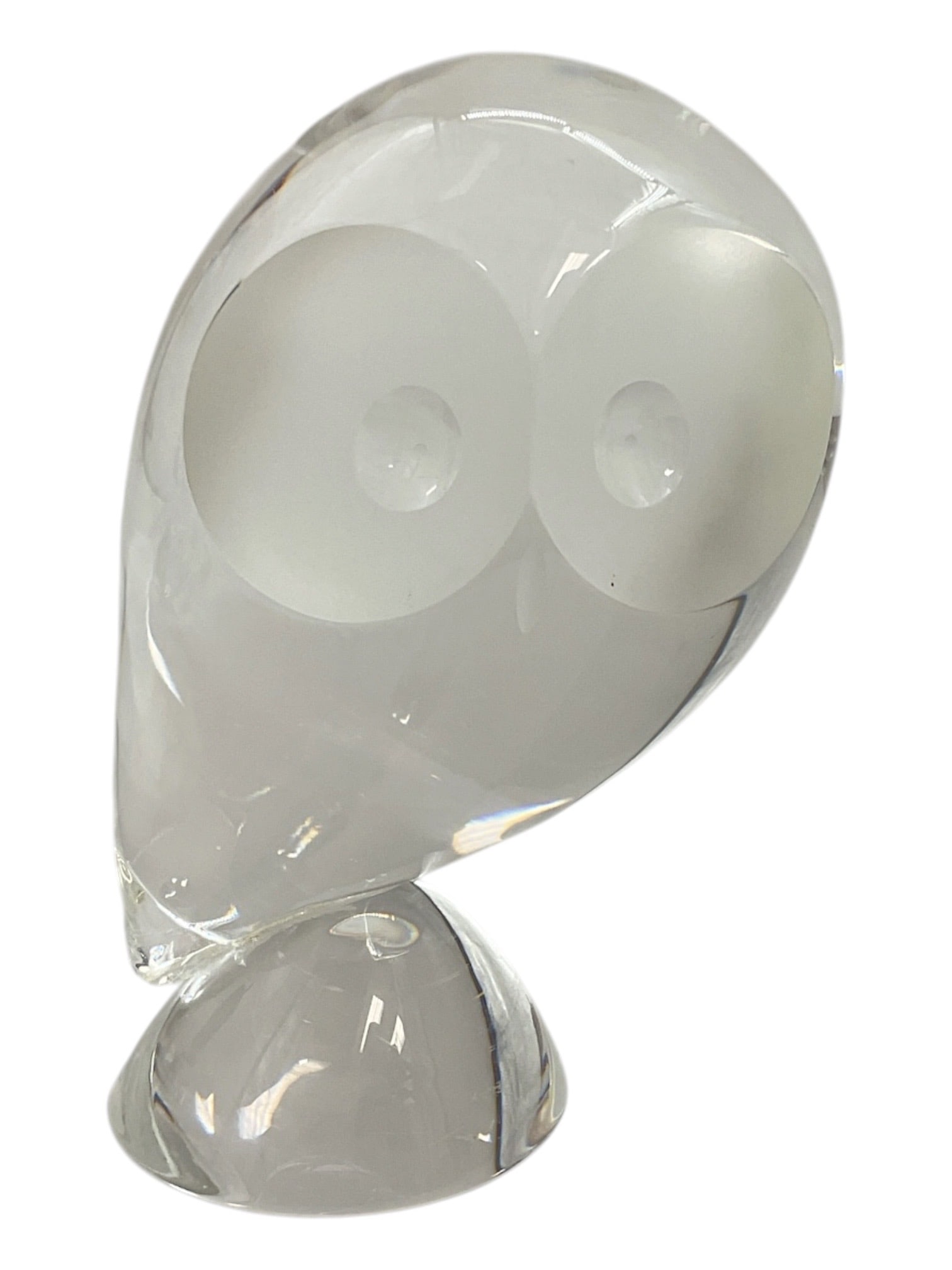 Steuben Crystal Owl Figurine: Steuben clear crystal owl figurine featuring a sleek, stylized form with a rounded head, prominent circular eyes, and a sculptural pedestal base. The minimalist design combines smooth polished