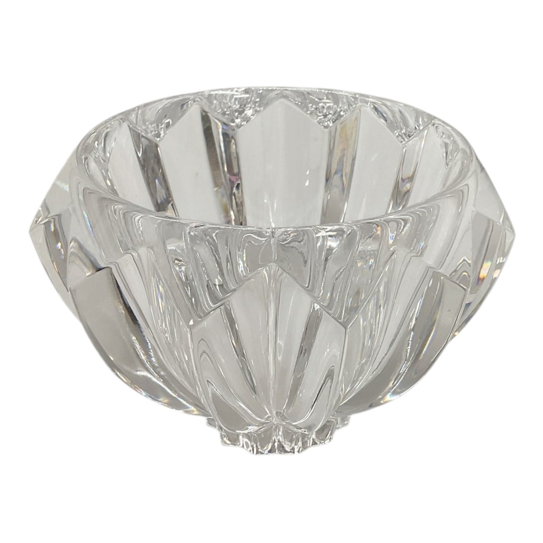Orrefors Swedish Cut Crystal Bowl, Signed: Vintage Orrefors Swedish crystal bowl featuring a substantial rounded form with deeply cut geometric facets radiating around the exterior. The heavy clear crystal construction creates brilliant light 