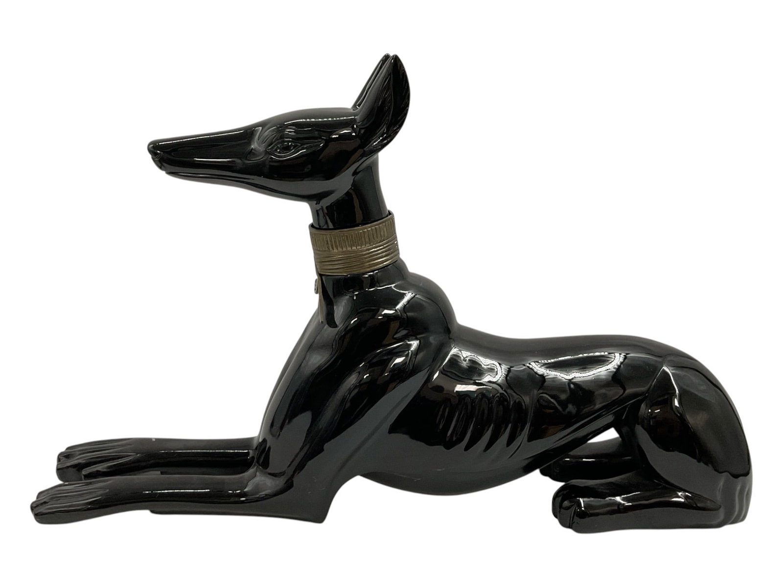 Large Black Glazed Ceramic Greyhound Sculpture: Large decorative ceramic sculpture depicting a reclining greyhound or sighthound with an elegant elongated body, slender legs, pointed ears, and long refined muzzle. The figure is finished in a glossy
