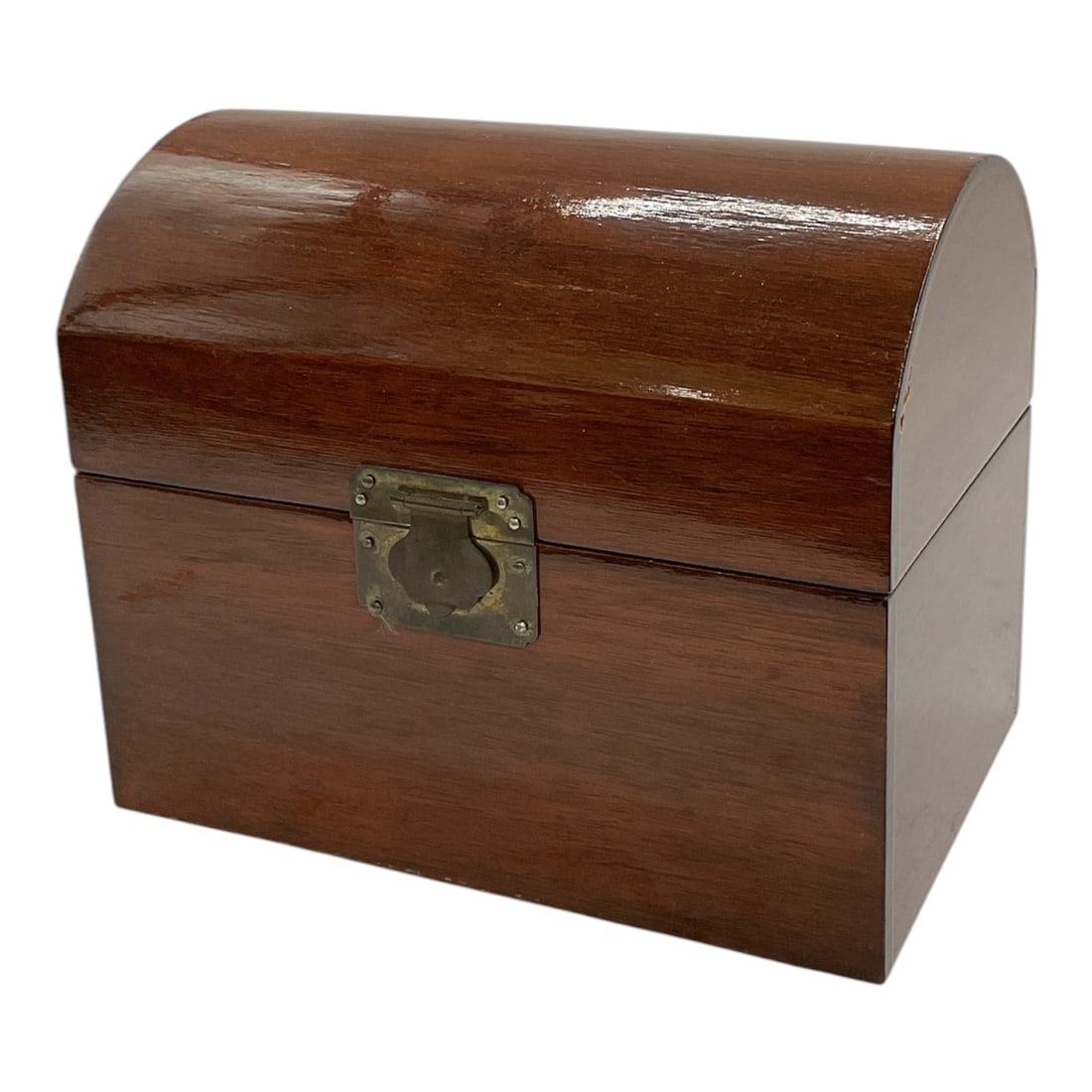 Vintage Dome-Top Wooden Storage Chest with Brass Hardware: Vintage wooden storage chest featuring a classic dome-top design with a warm reddish-brown finish and visible natural wood grain. The box is fitted with brass-tone hinges and a decorative front latch 
