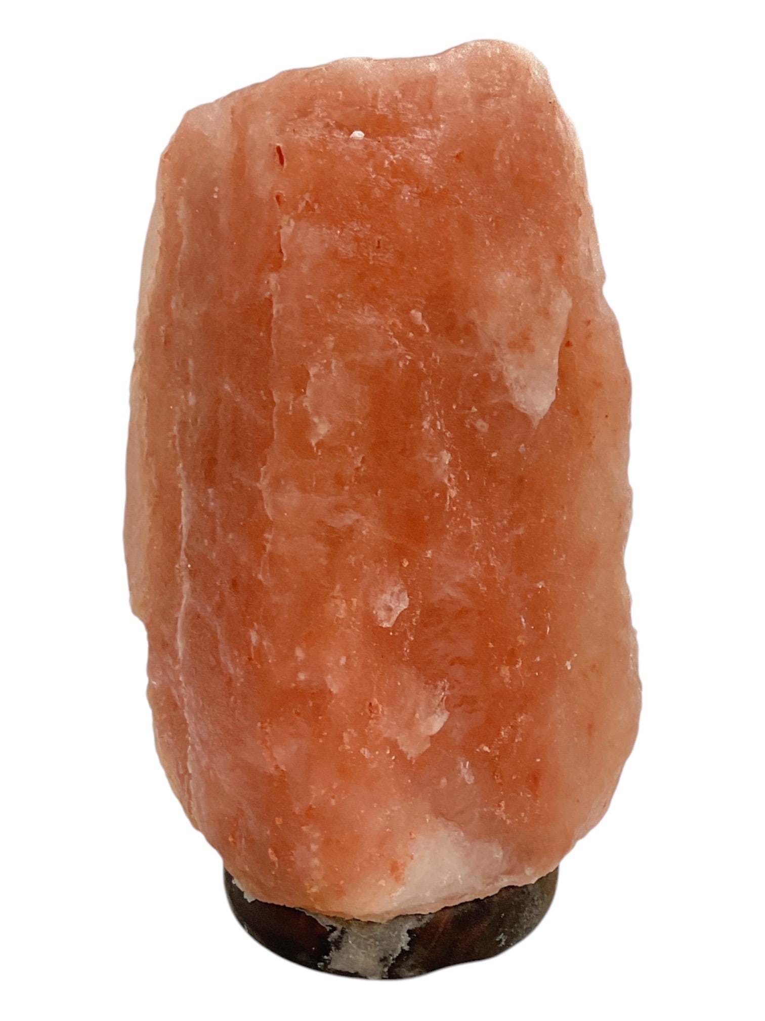 Natural Himalayan Pink Salt Lamp, Made in Pakistan: Natural Himalayan pink salt lamp featuring a large rough-cut salt crystal in warm pink, coral, and pale white tones. The irregular natural form is mounted on a dark circular base and designed to