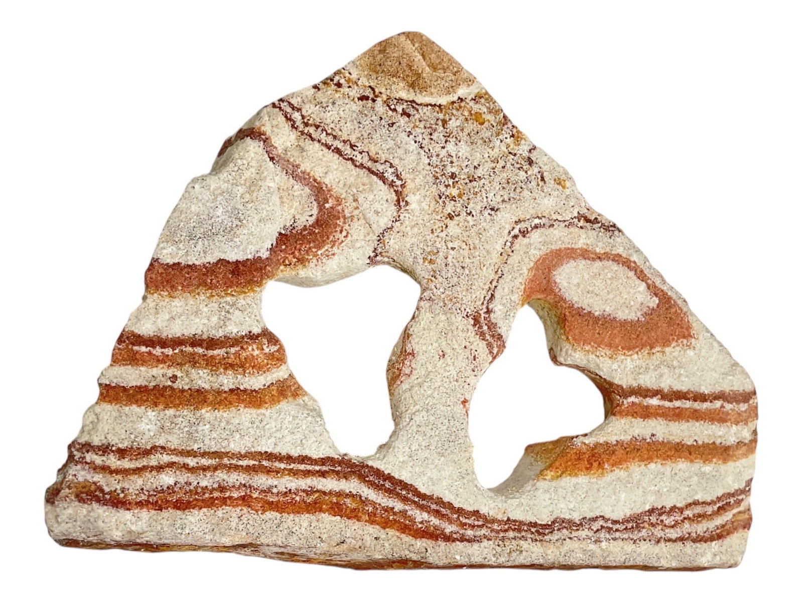 Natural Banded Sandstone Sculpture with Organic Cutouts: Decorative natural stone sculpture featuring striking layered bands of cream, beige, rust, and reddish-brown tones. The triangular freeform piece incorporates two naturally inspired openwork cutouts
