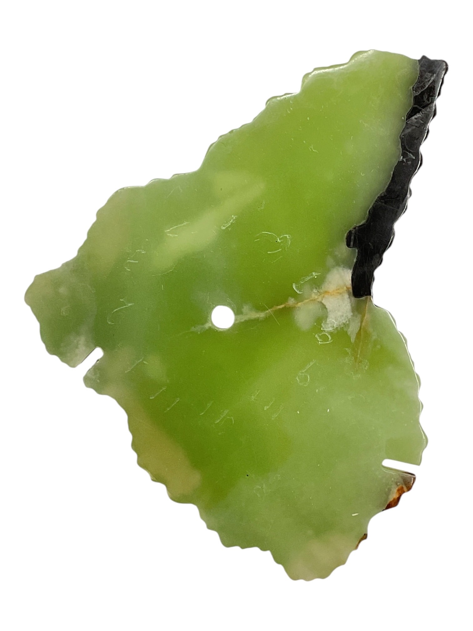 Polished Green Onyx Stone Slab with Natural Edge: Decorative polished green onyx stone slab featuring vivid translucent green coloration with lighter white and cream veining throughout. The freeform slab retains irregular natural edges, including a