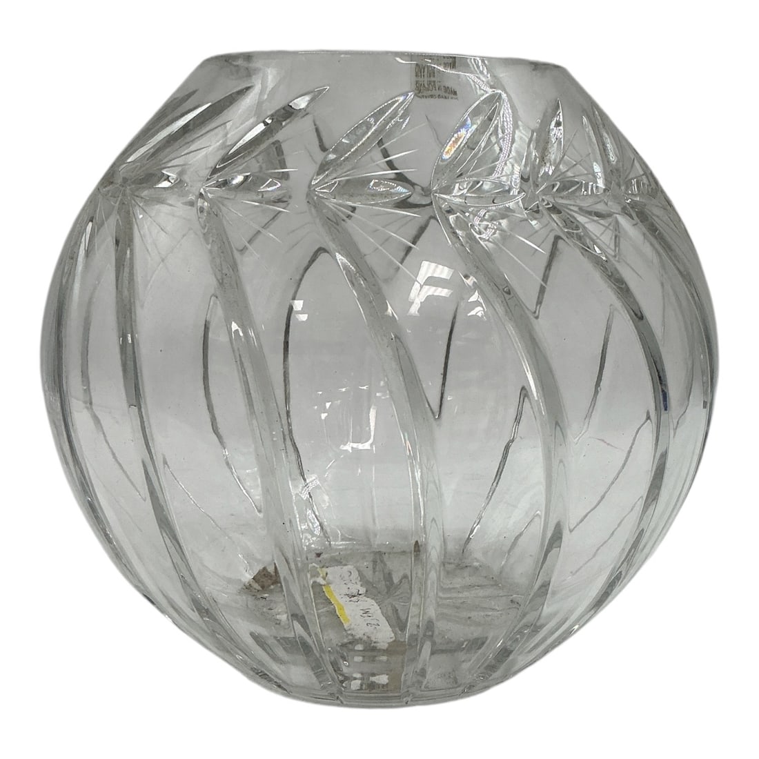 Cut Crystal Globe Vase: Clear 24% lead crystal spherical globe vase featuring sweeping spiral cut panels and starburst motifs with a narrow circular opening.