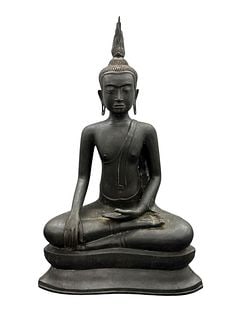 19th Century Southeast Asian Bronze Seated Buddha Figure: 19th century cast bronze figure of Buddha seated in meditation on a tiered base. The figure is shown in the bh?mispar?a mudr? (earth-touching gesture), with the right hand extended toward the ground