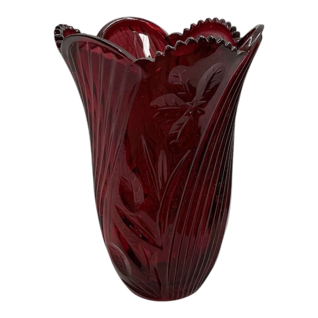Ruby Cut Crystal Vase: Deep ruby red 24% lead crystal vase featuring cut-to-clear floral and leaf motifs, vertical fluting, and a scalloped, serrated rim.