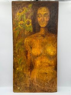 Vintage Oil Painting of Nude Woman with Sunflowers: Expressive vintage oil painting depicting a nude woman with closed eyes beside blooming sunflowers. Rendered in warm earthy tones with a textured surface, evoking an intimate and introspective atmosph