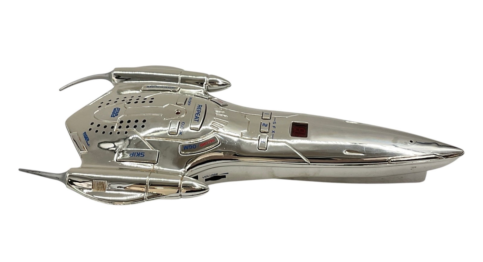 Vintage Star Wars Naboo Royal Starship Telephone Answering Machine: Vintage collectible Star Wars electronic telephone answering machine designed in the form of the sleek Naboo Royal Starship from Star Wars: Episode I – The Phantom Menace. The sculptural silver-