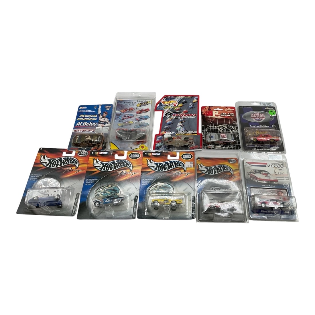 Lot of 10 Hot Wheels & Assorted Die-Cast Collectible Cars in Original Packaging: Collection of 10 die-cast collectible vehicles retained in their original blister-card packaging. The grouping includes multiple Hot Wheels releases along with additional cars from assorted manufactur