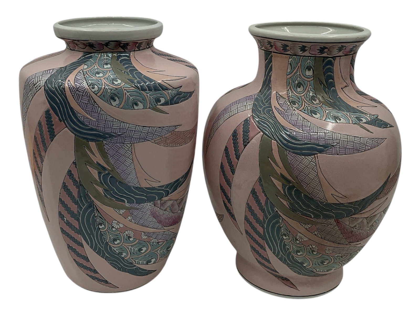 Pair of Polychrome Porcelain Phoenix Vases (Chinese, 20th Century): This matching pair of porcelain vases features a striking contemporary take on traditional Chinese motifs. Each vase is decorated with stylized, swirling phoenix feathers in a sophisticated palette of