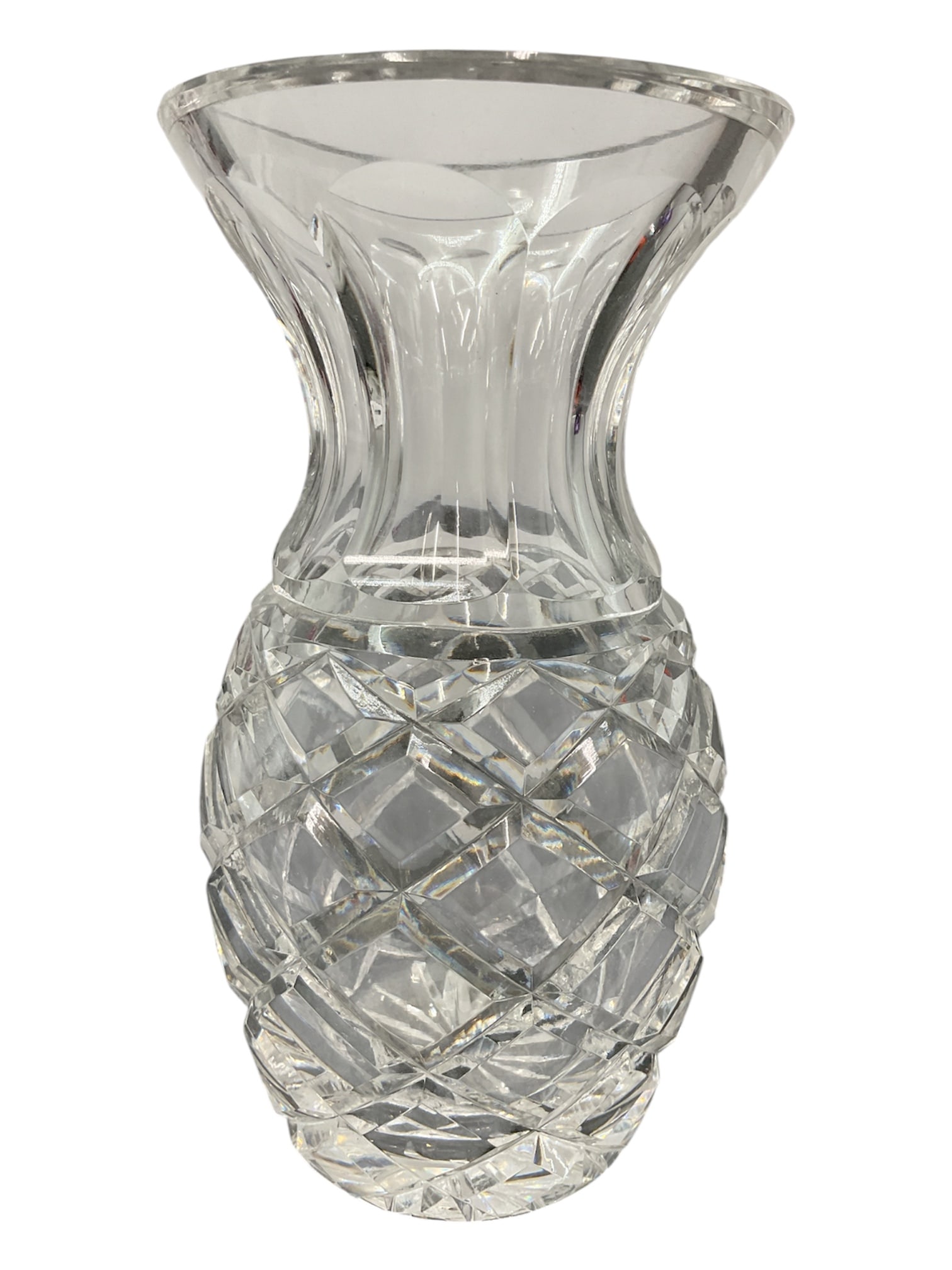 Cut Crystal Vase with Flared Rim and Diamond Pattern Base: Elegant cut crystal vase featuring a distinctive hourglass silhouette with a wide flared rim and deeply cut lower body. The base is adorned with a classic diamond and crosshatch pattern, creating bril