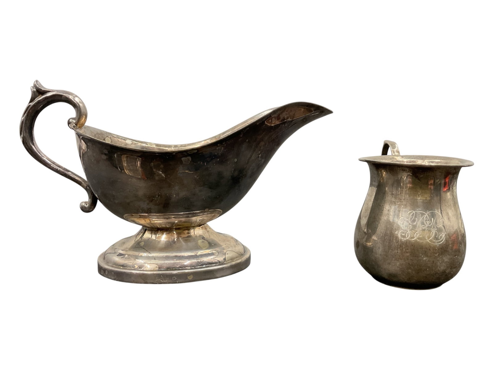 American Sterling Silver Creamer and Silverplate Gravy Boat, Monogrammed (1 of 6)
