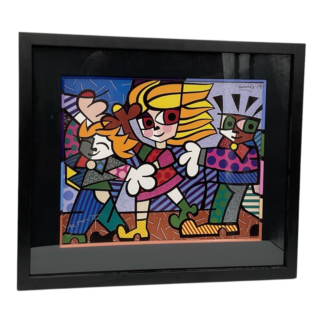 Britto Kids by Romero Britto (Brazilian, B.1963) Lithograph on Paper: This vibrant, large-scale work features three stylized figures in Britto’s signature Neo-Pop style, which blends elements of Cubism, Pop Art, and graffiti. The composition is a kaleidoscopic arr
