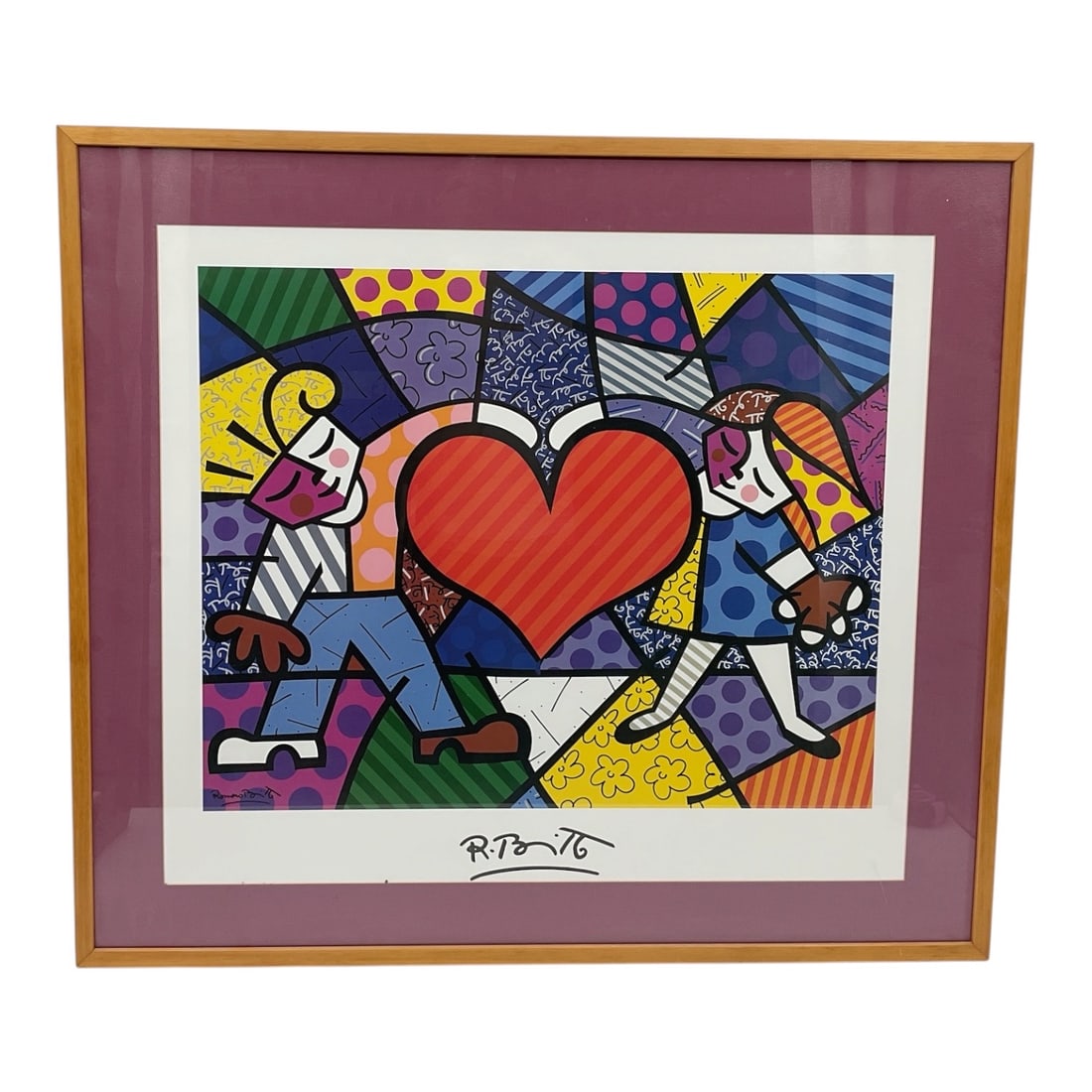 A New Day by Romero Britto (Brazilian, B.1963) Lithograph on Paper: This exuberant work features two stylized figures joining hands to form a large, central red heart, set against a patchwork of vibrant geometric and floral patterns. Executed in Britto’s iconic 