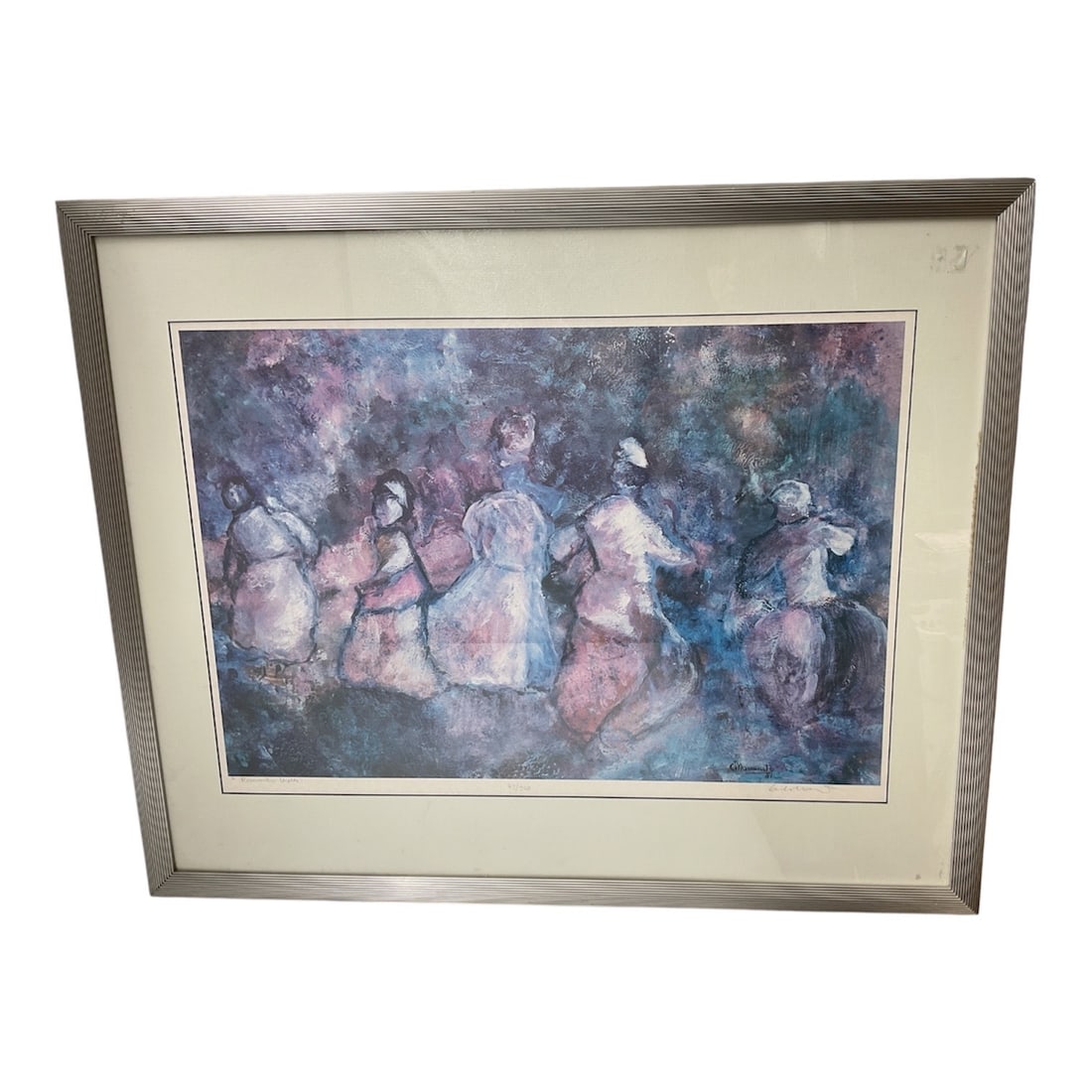 Carla Carli Mazzucato “Romantic Walk?? Signed & Numbered Lithograph: Carla Carli Mazzucato lithograph titled Romantic Walk, depicting an abstracted group of figures rendered in soft impressionistic tones. Pencil signed and numbered lower margin. Presented under glass w