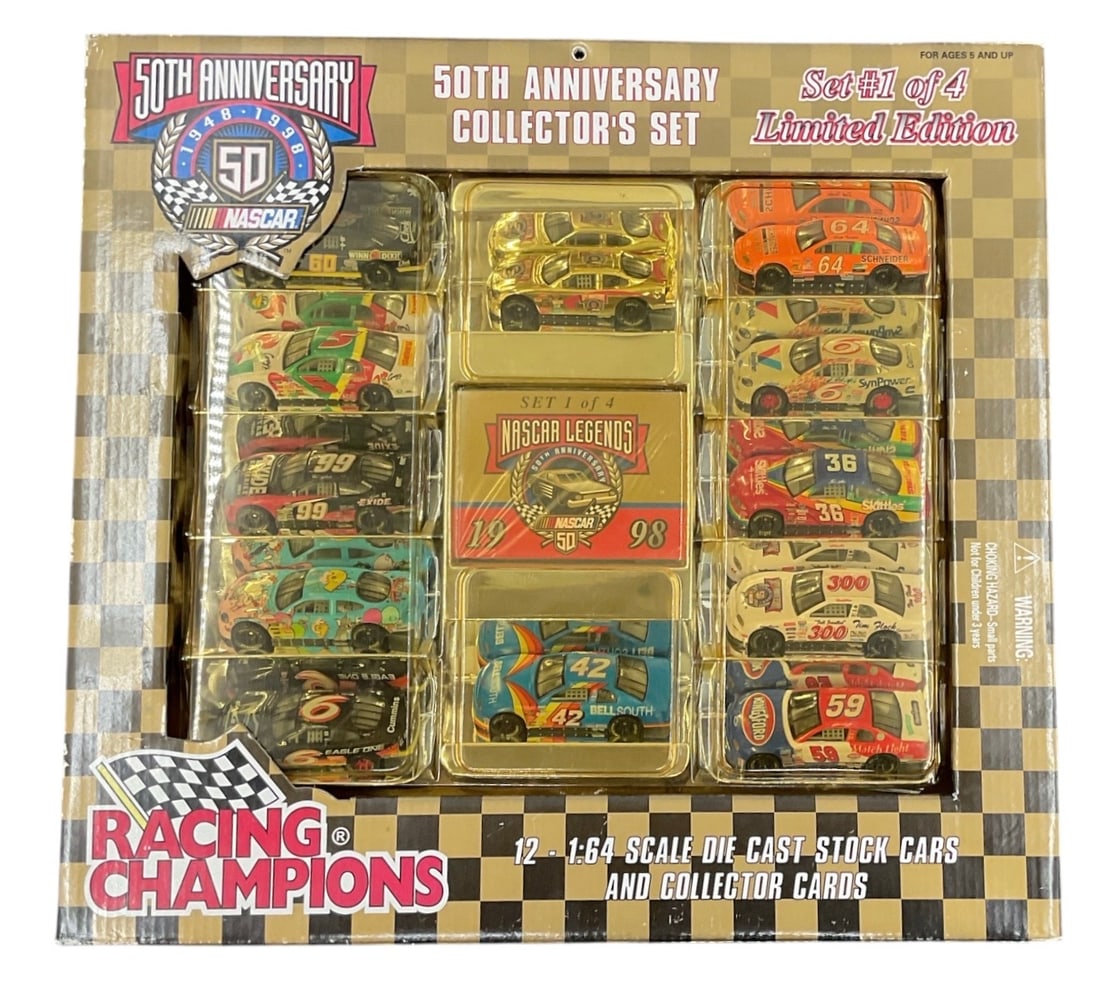 Racing Champions NASCAR 50th Anniversary Collector’s Set #4 with 12 Die-Cast Cars: Racing Champions NASCAR 50th Anniversary Collector’s Set #4, issued in celebration of NASCAR’s 50th anniversary, 1948–1998. The boxed collection contains 12 miniature 1:64-scale die-