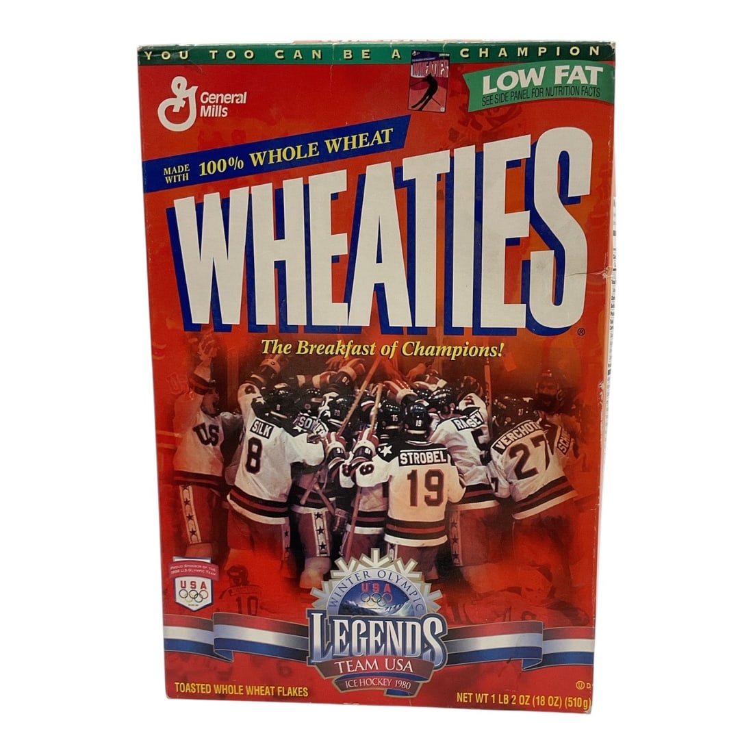 1997 Wheaties Miracle on Ice 1980 USA Olympic Hockey Team Cereal Box: Vintage 1997 Wheaties cereal box commemorating the legendary 1980 United States Olympic ice hockey team and its historic Miracle on Ice victory. Featuring imagery celebrating one of the most iconic mo