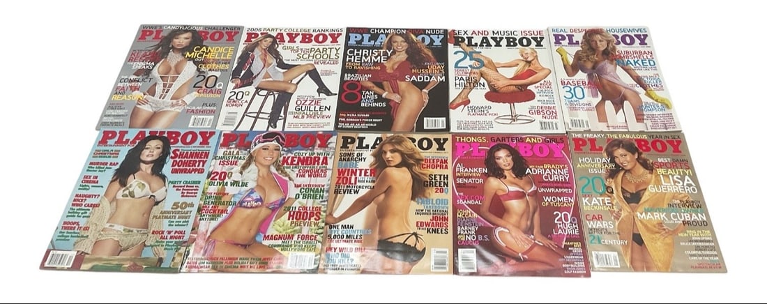 Playboy Magazine Collection Featuring Shannen Doherty, Kendra Wilkinson & Paris Hilton: Collection of assorted Playboy magazines featuring a variety of celebrity and model covers. Highlights include issues featuring Shannen Doherty, Kendra Wilkinson, and Paris Hilton, among others.