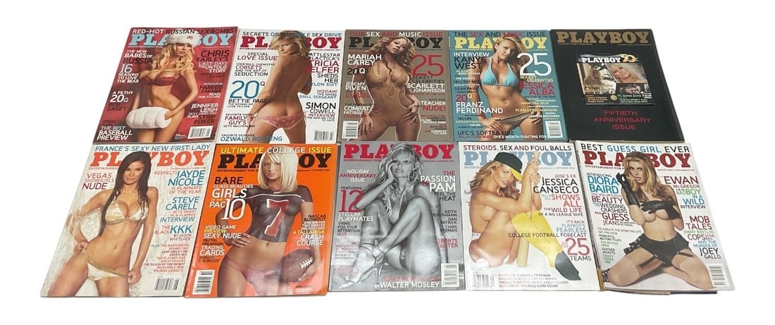 Playboy Magazine Collection Featuring Jessica Alba, Pamela Anderson, Mariah Carey & 50th Anniversary: Collection of assorted Playboy magazines featuring a variety of celebrity and model covers. Highlights include issues featuring Jessica Alba, Pamela Anderson, and Mariah Carey, along with the Playboy 