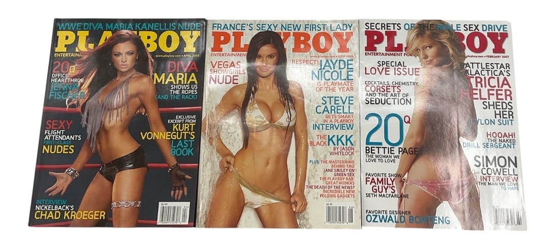 Playboy Magazine Collection: Collection of four Playboy magazines with assorted celebrity and model covers. A collectible group of Playboy issues representing popular culture, entertainment, and men’s lifestyle publishing.