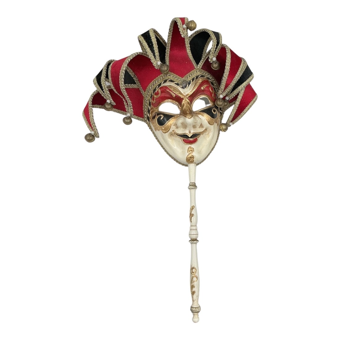 Venetian Hand-Painted Jester Masquerade Mask on Stick (Italian, 20th/21st Century) (1 of 4)
