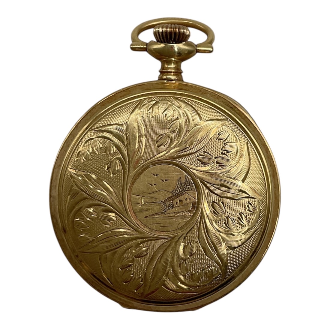 Antique Waltham Gold-Filled Hunter Case Pocket Watch: Antique Waltham pocket watch housed in a gold-filled hunter case featuring intricate hand-engraved floral and foliate decoration to both covers. The white enamel dial displays stylized Arabic