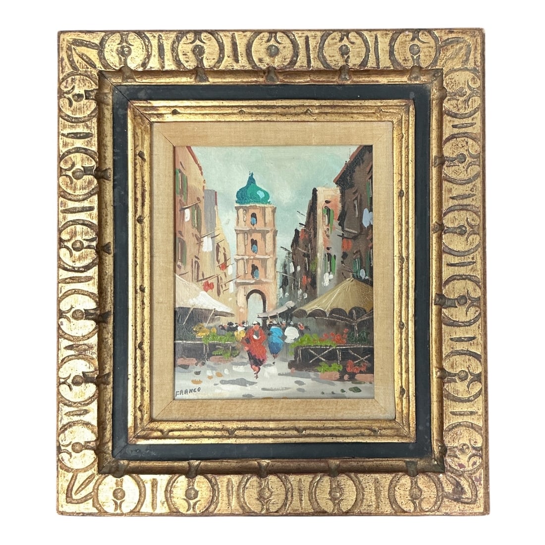 European Street Market Scene Oil on Canvas Board: Specifications Title: European Street Market Scene Medium: Oil on Canvas Board Signature: Signed "Franco" Lower Left Framing: Carved Gilt Wood Frame with Black Border and Linen Inset Mat