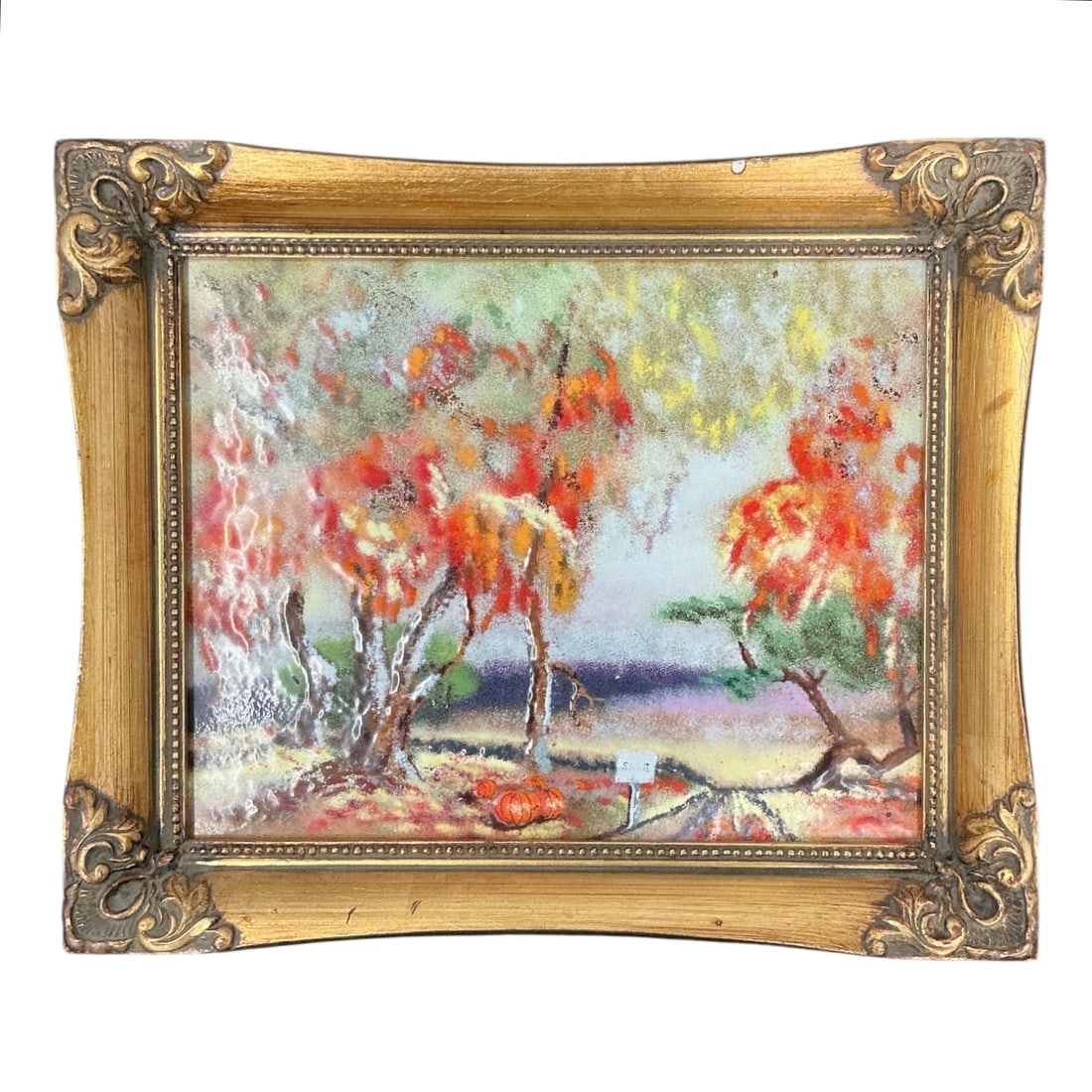 Autumn Landscape with Birch Trees Fused Glass Artwork: Specifications Title: Autumn Landscape with Birch Trees Medium: Fused Glass / Enamel on Glass Framing: Carved Gilt Wood Frame with Corner Flourishes Framed Dimensions: 12 x 10 in