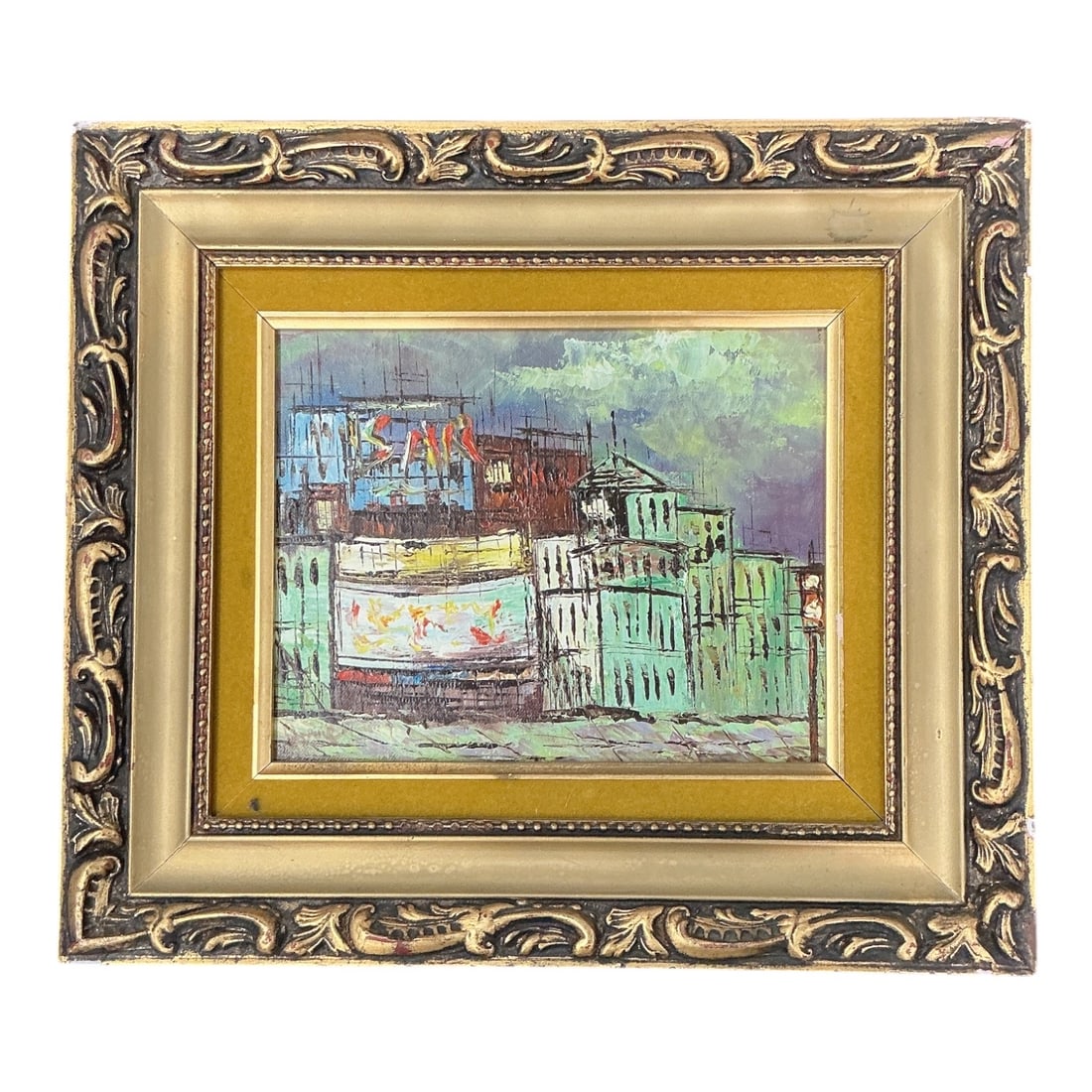Urban Cityscape with Billboards Oil on Canvas Board: Specifications Title: Urban Cityscape with Billboards Medium: Oil on Canvas Board Signature: Unsigned / Indistinct Framing: Carved Gilt Wood Frame with Ochre Velvet Mat Liner Framed Dimensions: 16 x
