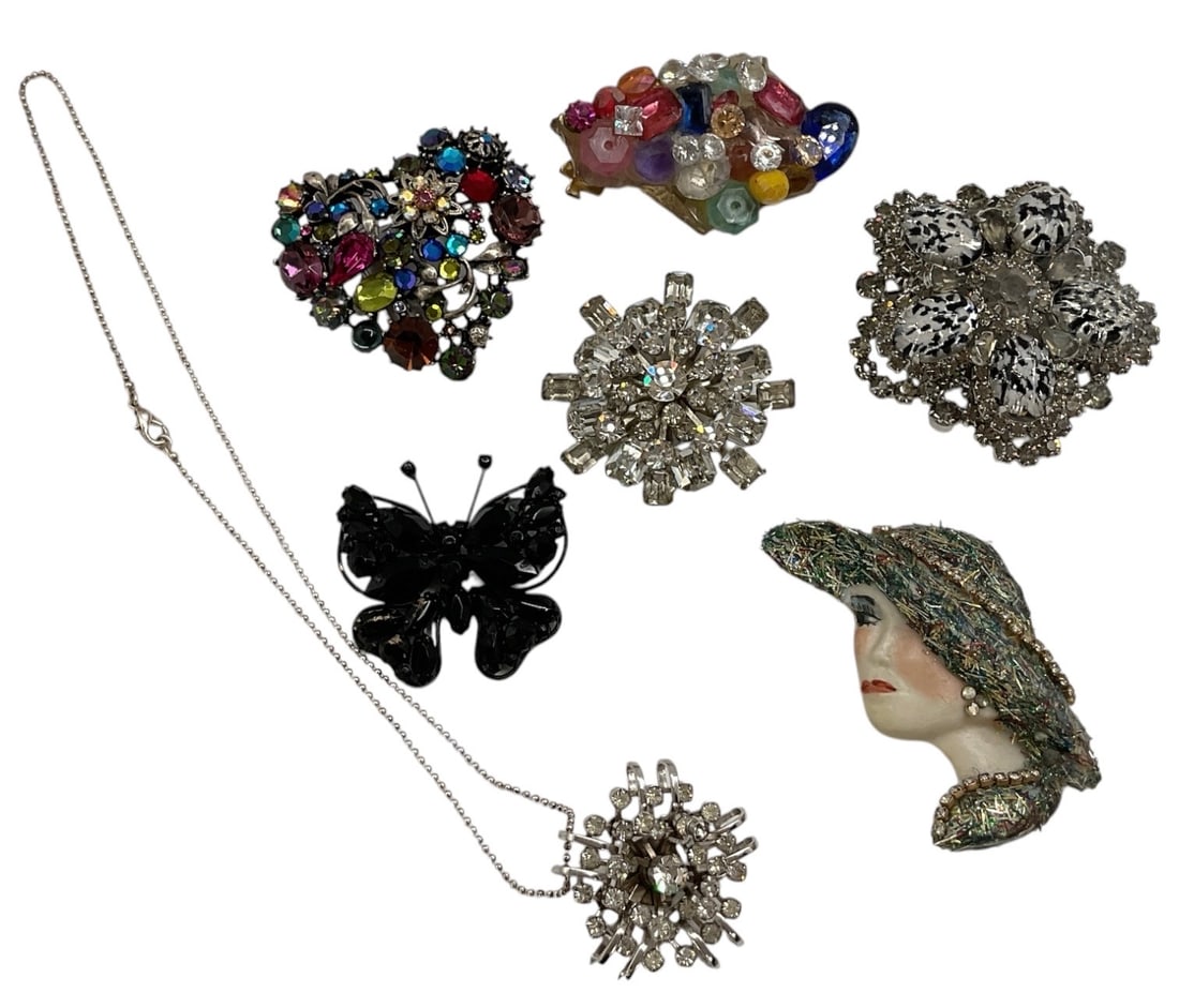 Assorted Vintage Rhinestone Brooches, Pendant Necklace & Figural Pins (1 of 2)