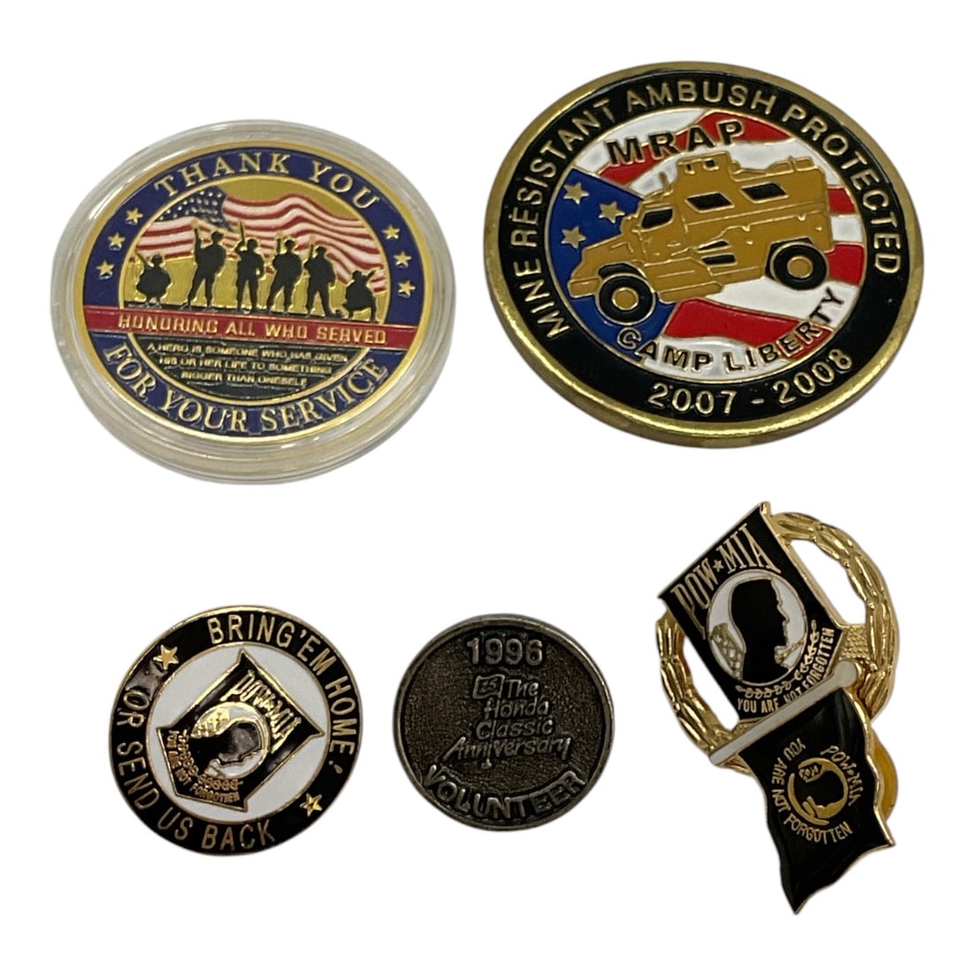 Assorted U.S. Military, Veterans & Service Commemorative Pins: Assorted collection of U.S. military, veterans, and service-related commemorative pins and challenge coin-style pieces. The grouping includes a Thank You For Your Service medallion featuring an Americ