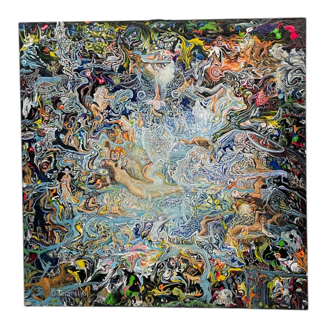 Arquetypes Abstract Composition by Oscar Jaramillo (Colombian, B.1947) Oil and Acrylic on Canvas: Dynamic abstract painting by Oscar Jaramillo titled Arquetypes, executed in acrylic on canvas. The composition features an intricate explosion of swirling forms, layered textures, and vibrant colors