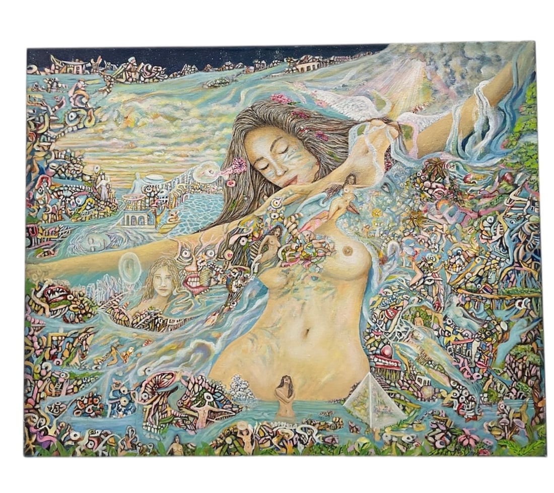 Surreal Nude Figural Landscape by Oscar Jaramillo (Colombian, B.1947) Mixed media on Canvas: Large-scale surreal painting by Oscar Jaramillo depicting a nude female figure integrated within a vibrant and highly detailed aquatic landscape. The composition is filled with intricate miniature