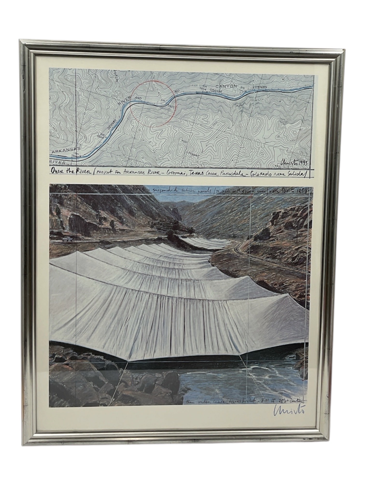 Christo and Jeanne-Claude Over the River Offset Lithograph - Signed in Blue: Framed offset lithograph after Christo and Jeanne-Claude's proposed environmental installation Over the