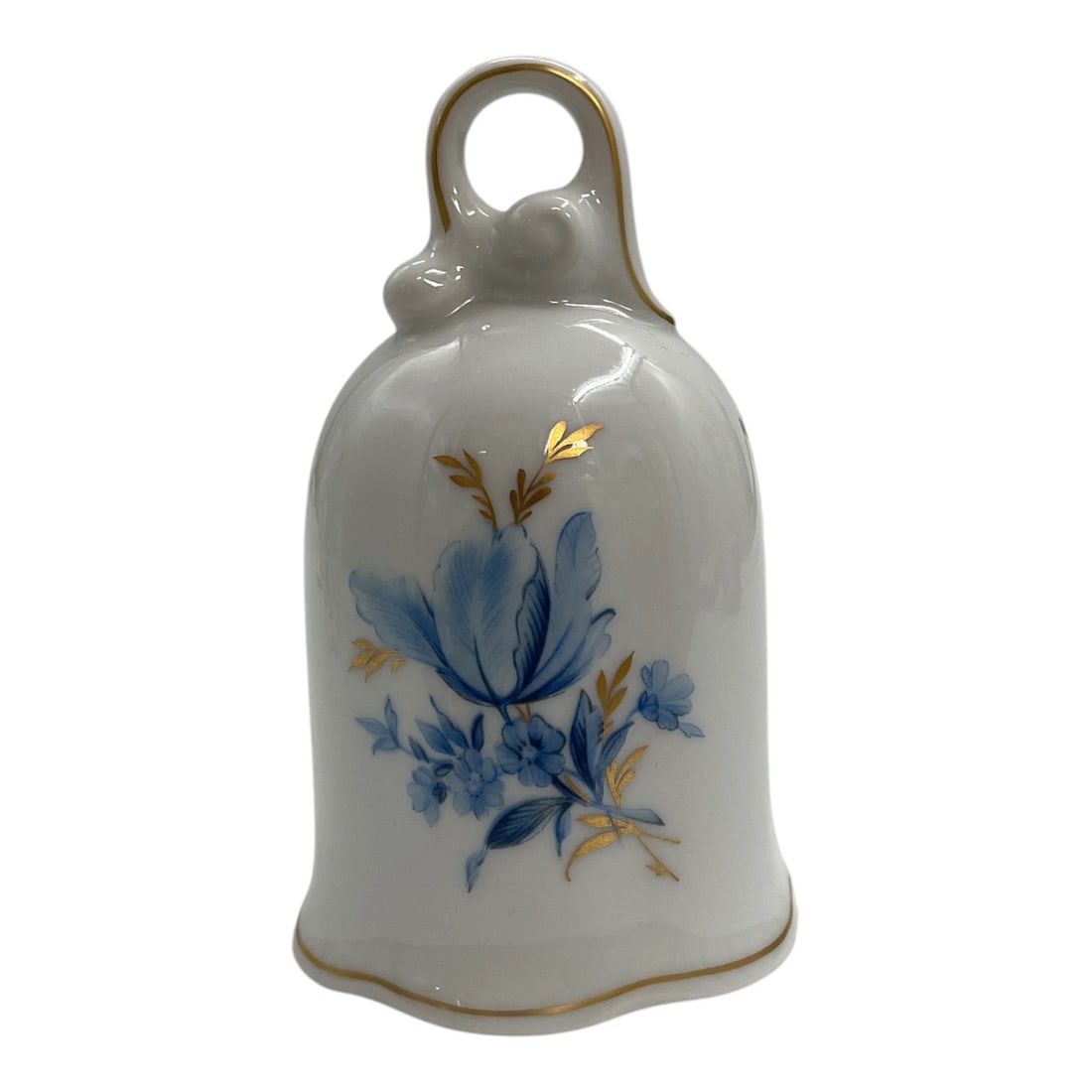 Hutschenreuther for Danbury Mint Floral Porcelain Bell: Vintage porcelain decorative bell by Hutschenreuther of Germany, produced for the Danbury Mint. The white porcelain body is decorated with delicate blue floral motifs accented by gold-tone foliage