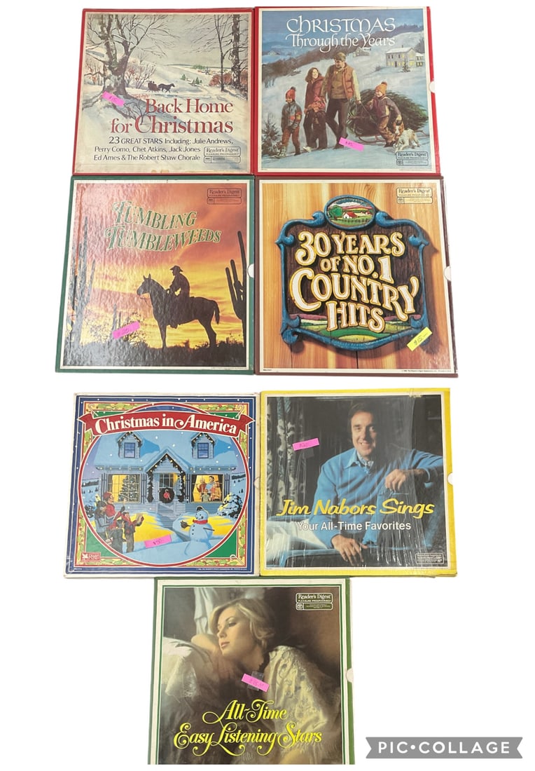 Lot of 7 Vintage Christmas & Country Music Vinyl Record Albums: Collection of seven vintage 12-inch vinyl record albums featuring Christmas, holiday, country, and easy-listening music. The assortment includes Christmas-themed compilations and country favorites,