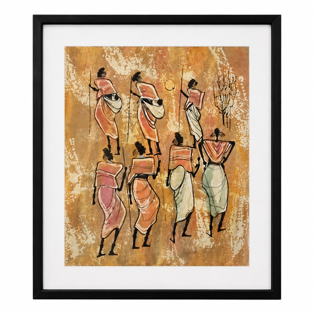 H. Luma Signed Contemporary African Figural Painting, 1986: Original contemporary painting depicting a group of stylized African figures engaged in daily life. Rendered in warm earth tones with accents of pink, cream, black, and white, the composition features