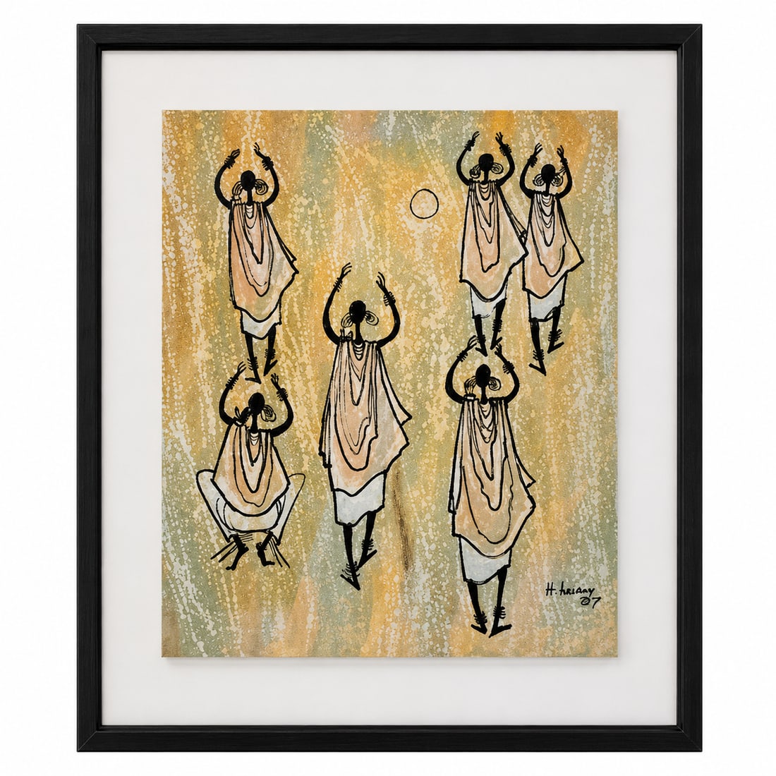 H. Luma Signed Contemporary African Figural Painting, 1987: Original contemporary painting by H. Luma, dated 1987, depicting a group of stylized African figures engaged in a ceremonial dance. Rendered in warm earth tones with black outlines and subtle accents