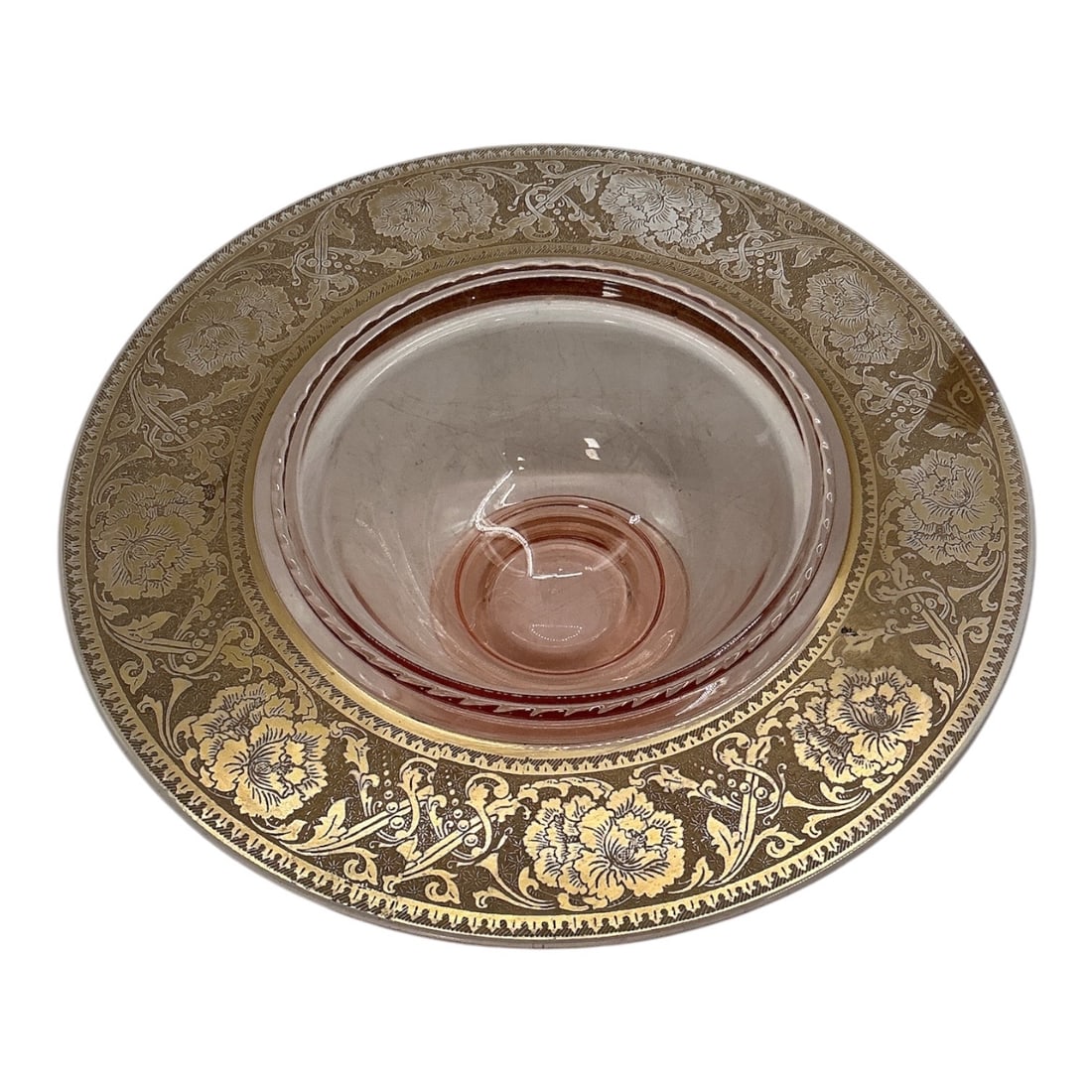 Vintage Pink Depression Glass Center Bowl with Gold Encrusted Rim (1 of 3)