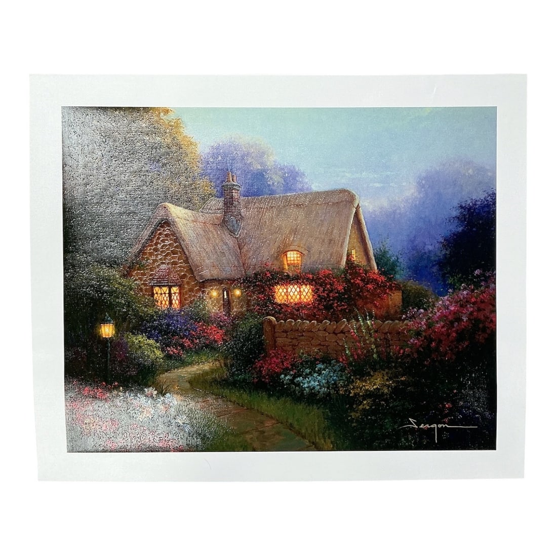 Bougainvillea Village by Sergon (Filipino-American, b. 1957) Giclee on Canvas with COA: This limited edition giclee print on canvas, titled "Bougainvillea Village", was created by Filipino-American artist Sergon (Sergio Gonzalez). Capturing a serene, idyllic cottage scene surro