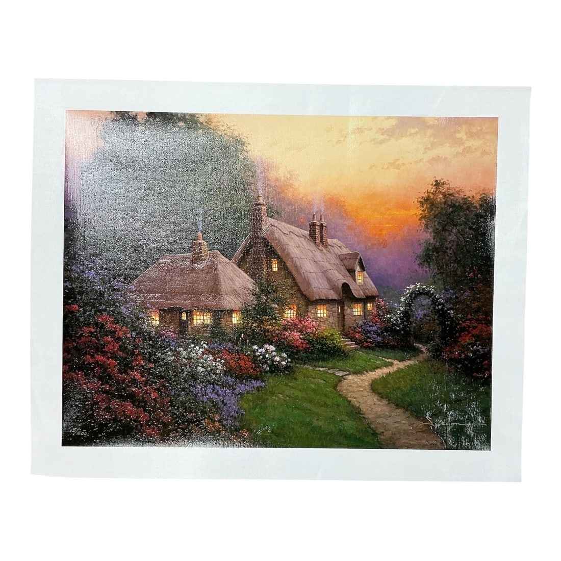 Heather's Cottage by Sergon (Filipino-American, b. 1957) Giclee on Canvas with COA: This limited edition giclee print on canvas, titled "Heathe'r's Cottage", was created by Filipino-American artist Sergon (Sergio Gonzalez). Depicting a picturesque, thatched-roof cot
