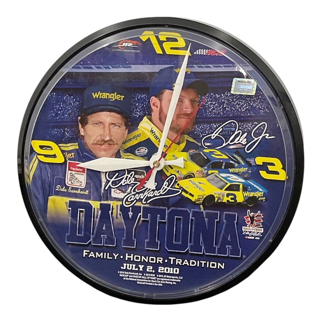Dale Earnhardt Sr. & Dale Earnhardt Jr. Daytona 2000 NASCAR Wall Clock: Commemorative NASCAR wall clock featuring Dale Earnhardt Sr. and Dale Earnhardt Jr. celebrating the Daytona racing event of July 2, 2000. The colorful dial depicts Earnhardt Sr. with his iconic No. 3 