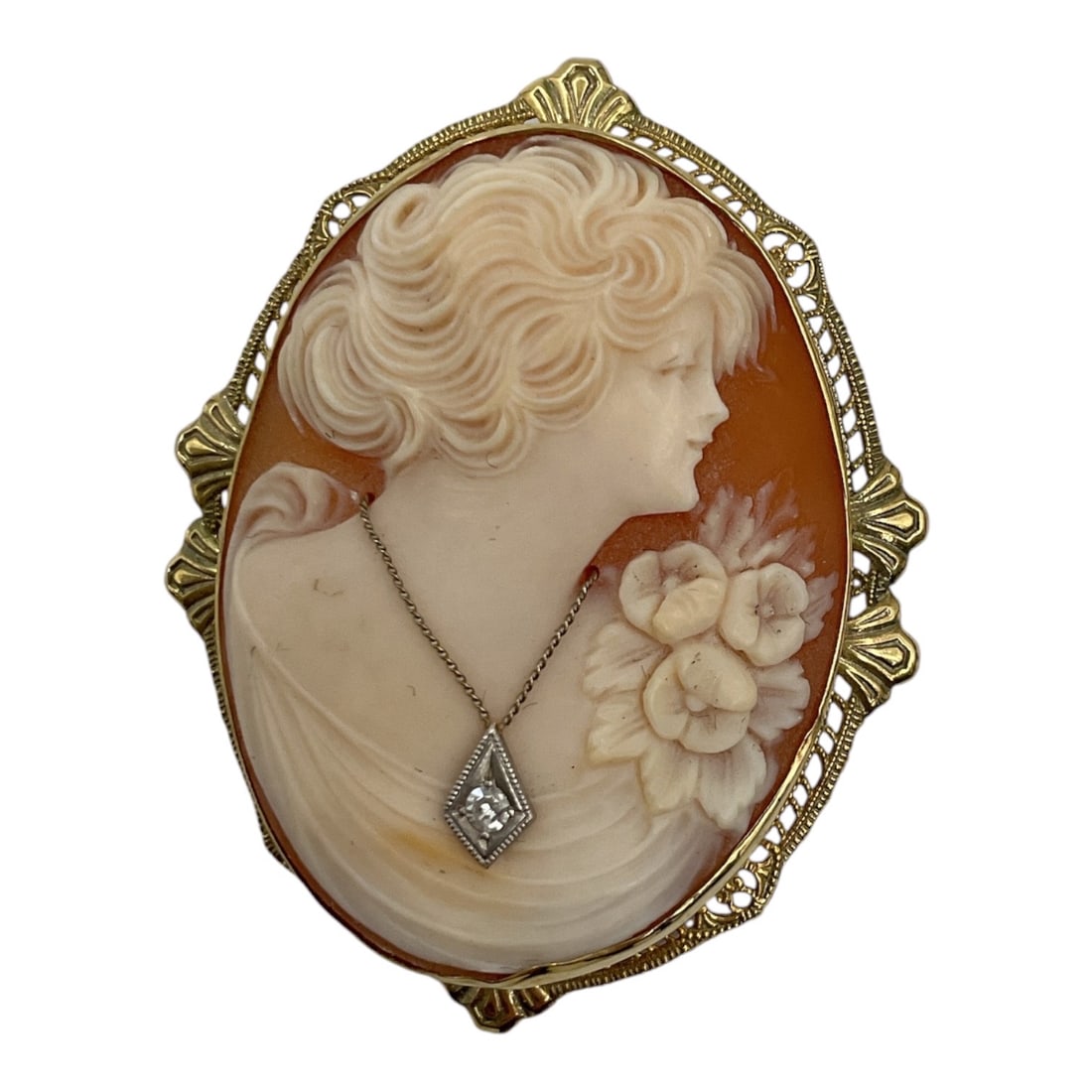Vintage 14K White Gold Shell Cameo Brooch Pendant with Diamond (1 of 2)