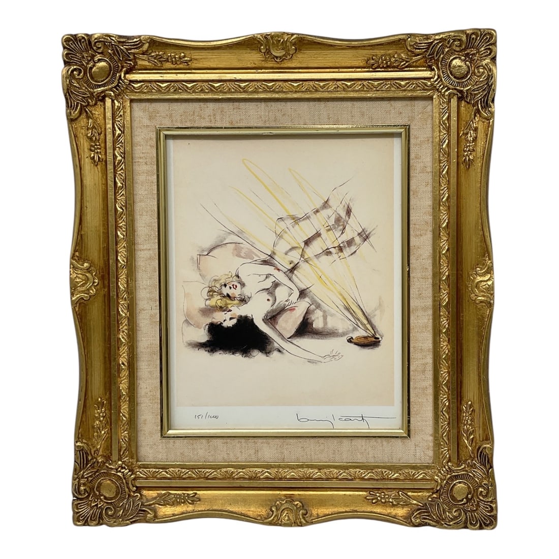 The Genie of the Lamp by Benji Cartier (American, b.1947) Lithograph: This limited edition lithograph, numbered 151/1000, features the characteristic romantic and ethereal style of Benji Cartier. The composition depicts two female figures reclining amongst pillows, illu