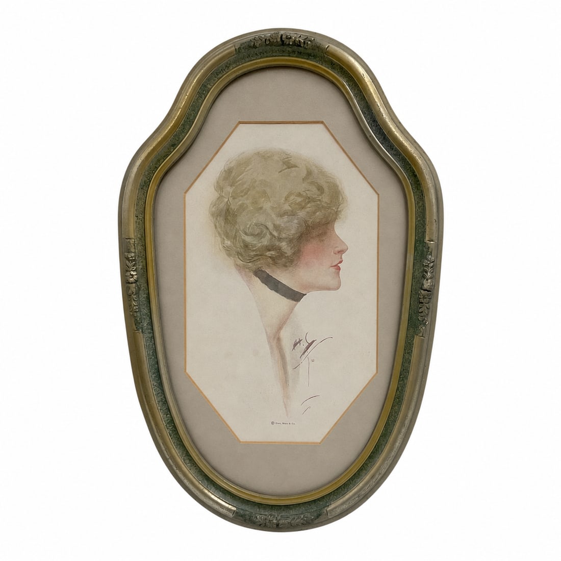 Harrison Fisher (American, 1875-1934) Framed Profile Portrait Print: An illustration depicting a young woman with short, blonde wavy hair rendered in profile, wearing a dark ribbon choker around her neck. Fisher was celebrated for his graceful depictions of fashionable
